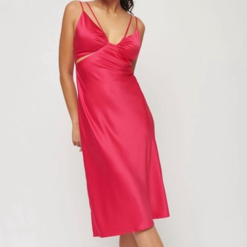 Dynamite Strappy Satin Midi Dress in Bright Rose